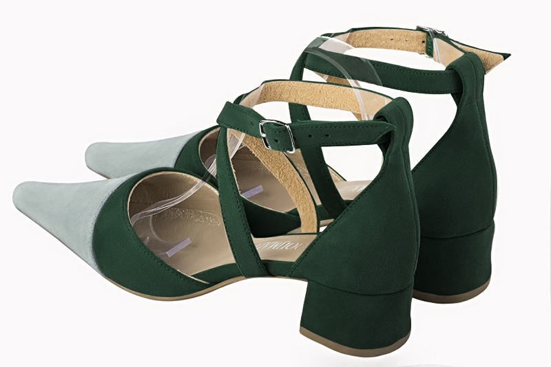 Aquamarine blue and forest green women's open side shoes, with crossed straps. Pointed toe. Low flare heels. Rear view - Florence KOOIJMAN